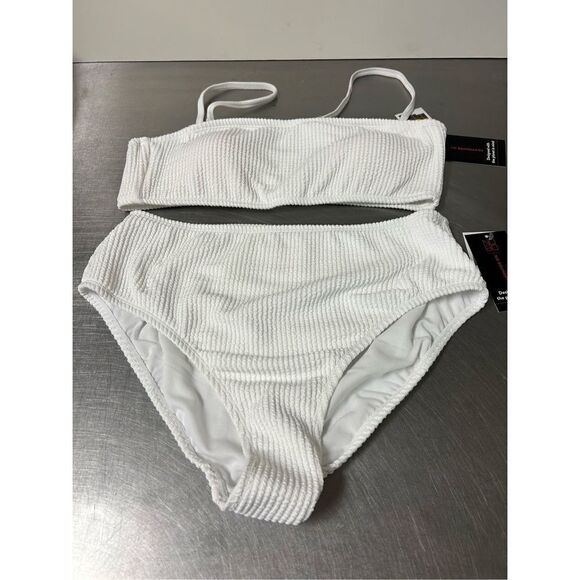 No Boundaries Juniors Textured High Rise Bikini Bottom and Top Set. White. New w - Picture 4 of 7